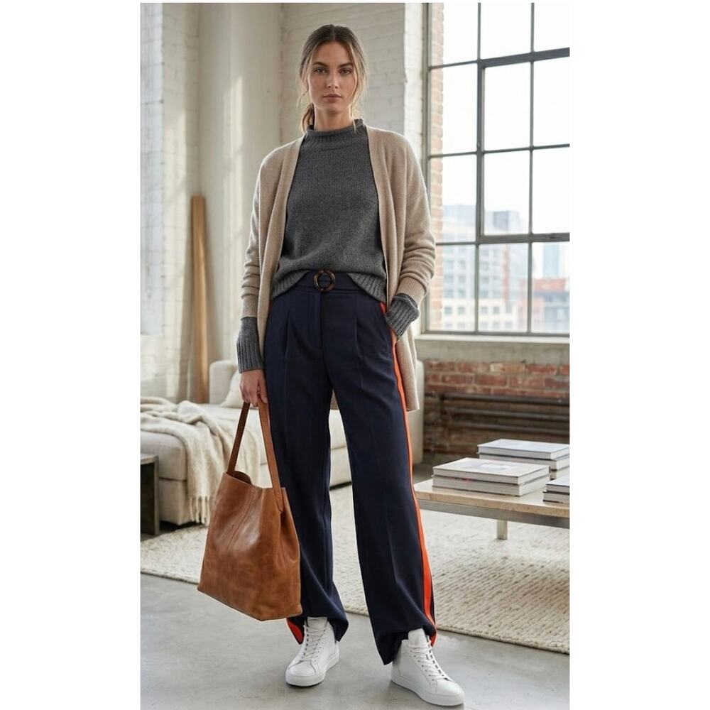 NWOT Victoria Beckham AW21 Navy Wool Wide Leg Tuxedo Pants Belted Sz 10 (W 35) - Picture 7 of 11
